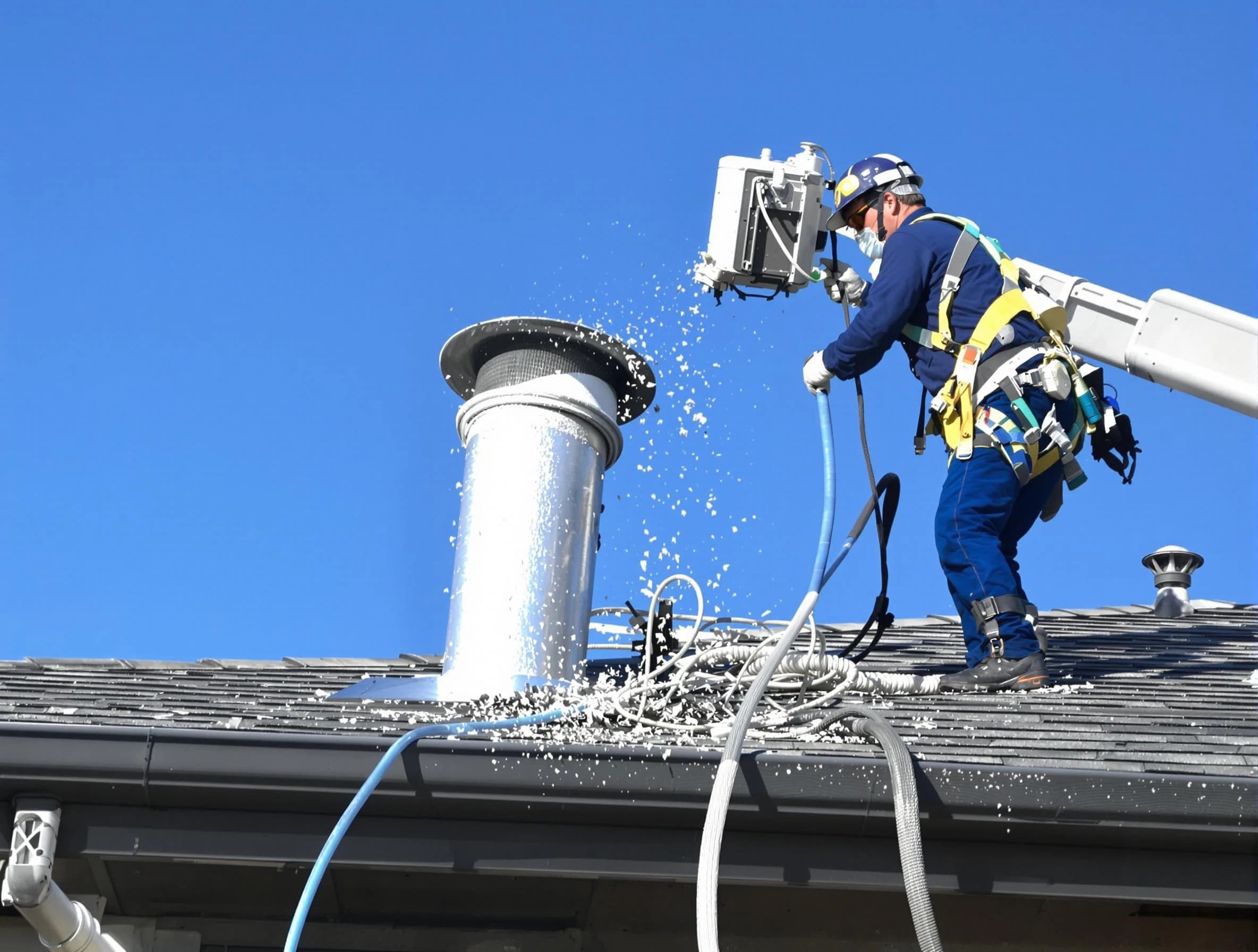 Norcross Dryer Vent Cleaning certified technician safely cleaning a roof-mounted dryer vent in Norcross